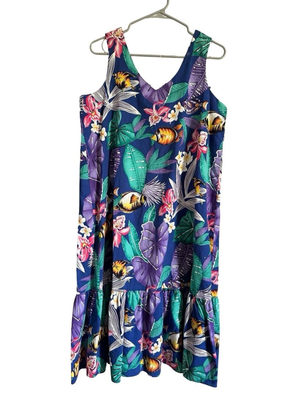 Vtg Hilo Hattie Floral Hawaiian Dress Tropical Fish Muumuu Kitchy Art Teacher M